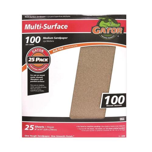 Sanding Sheet, 11 in L, 9 in W, 100 Grit, Medium, Aluminum Oxide Abrasive