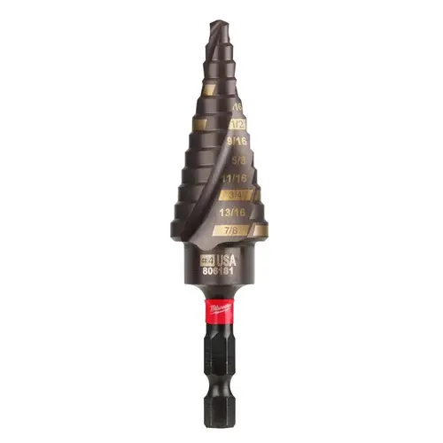 SHOCKWAVE Impact Duty Step Drill Bit, 3/16 to 7/8 in Dia, Spiral Flute, 2-Flute, Hex Shank Titanium Aluminum Nitride