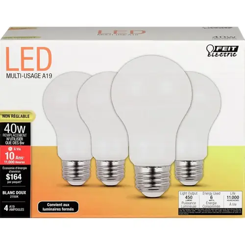 LED Lamp, General Purpose, A19 Lamp, 40 W Equivalent, E26 Lamp Base, White - pack of 4