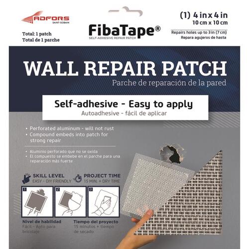 Wall Repair Patch FibaTape 4" L X 4" W Fiberglass Reinforced Aluminum White Self Adhesive Wa White