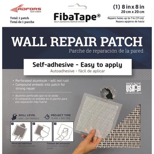 Wall Repair Patch FibaTape 8" L X 8" W Fiberglass Mesh White Self Adhesive White