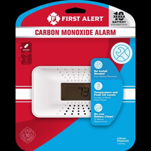 1039753 Carbon Monoxide Alarm with Temperature Digital Display, Digital Display, 85 dB, White