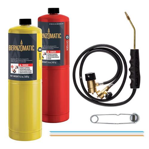 BernzOmatic WK5500OX WK5500KC Brazing Torch Kit, MAPP, Oxygen, Manual Igniter, Brass, 10-Piece