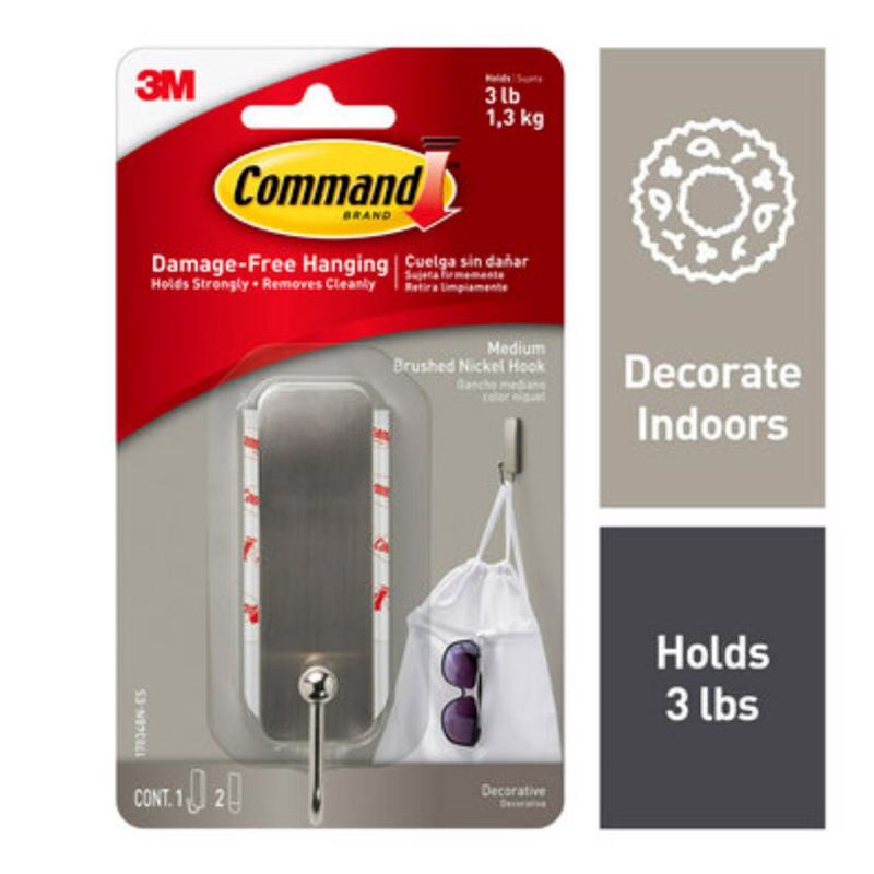 Command 17034BN-ES Medium Decorative Hook, 1 in W, Metal/Plastic, Brushed Nickel, 3 lb Gray