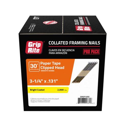 Grip-Rite GRSP12DZ Framing Nails 3-1/4" 11 Ga. Angled Strip 30 deg Smooth Shank Bright