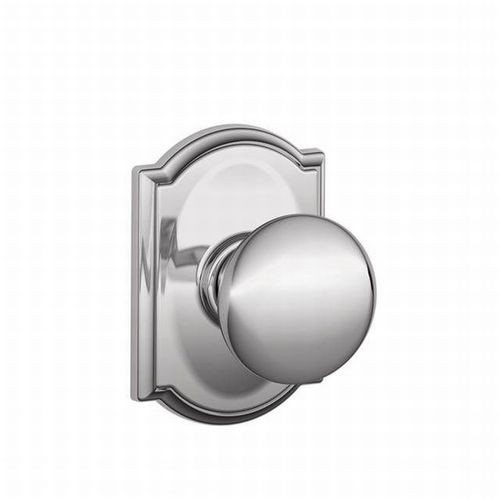 Plymouth Knob with Camelot Rose Passage Lock with 16080 Latch and 10027 Strike Bright Chrome Finish