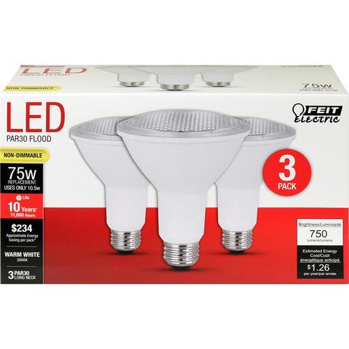 LED Lamp, Flood/Spotlight, PAR30 Lamp, 75 W Equivalent, E26 Lamp Base, Warm White Light Clear - pack of 3