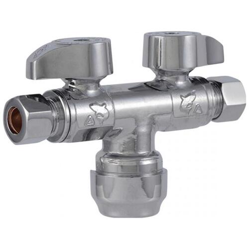 Dual Shut-Off Valve, 1/2 x 3/8 in Connection, Push-to-Connect x Compression, 4 gpm, Brass Body