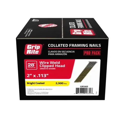 Framing Nails 2" 11-1/2 Ga. Angled Strip 28 deg Smooth Shank Bright