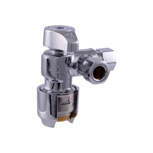 Dual-Outlet Angle Stop Valve, 1/2 x 3/8 x 3/8 in Connection, Compression x Compression, Brass Body Polished Chrome