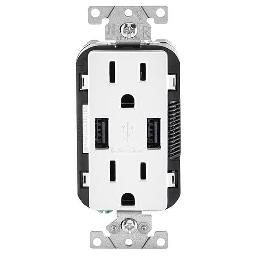 Combination USB Receptacle, 2 -Pole, 3.1 A USB, 15 A Receptacle, 125 VAC Receptacle, 5 VDC USB White