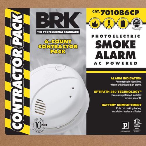 Hardwired Smoke Alarm with Battery Backup, Contractor - pack of 6