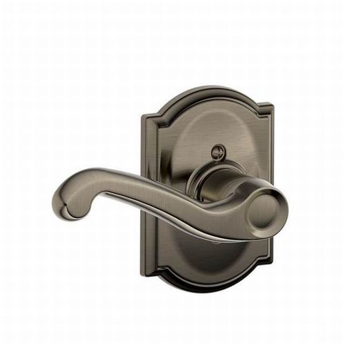 Right Hand Flair Lever with Camelot Rose Interior Active Trim with 12326 Latch and 10027 Strike Antique Nickel Finish