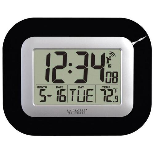 La Crosse WT-8005U-B Atomic Wall Clock 9" L X 1-1/2" W Indoor Contemporary Digital Plastic Bla Black/Silver