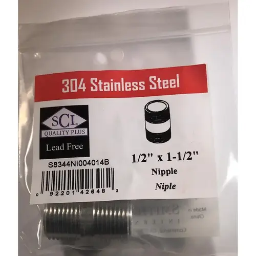 Smith-Cooper 4632101010 Nipple 1/2" MPT T Stainless Steel 1-1/2" L