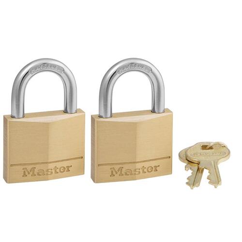 Padlock, Keyed Alike Key, 1/4 in Dia Shackle, Steel Shackle, Solid Brass Body, 1-9/16 in W Body Pair Metallic