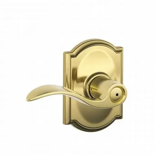 Accent Lever with Camelot Rose Privacy Lock with 16080 Latch and 10027 Strike Bright Brass Finish