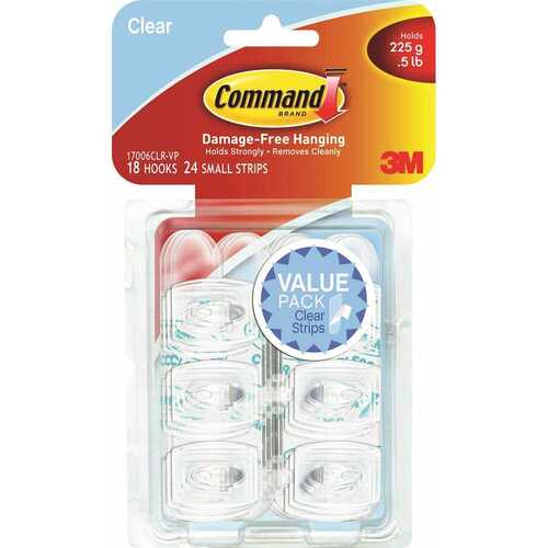 Mini Wall Hooks, Clear, Damage Free Decorating, 18 Hooks and 24 Command Strips