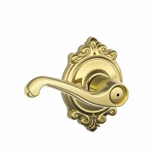 Flair Lever with Brookshire Rose Privacy Lock with 16080 Latch and 10027 Strike Bright Brass Finish