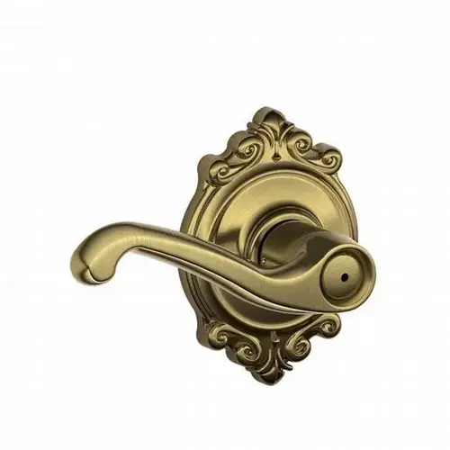 Flair Lever with Brookshire Rose Privacy Lock with 16080 Latch and 10027 Strike Antique Brass Finish