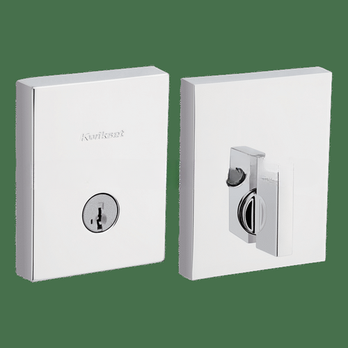 Rectangular Contemporary Low Profile Single Cylinder SmartKey Deadbolt with 6AL Latch and STRKP Strike Pack which includes Square Corner, Round Corner and 5303 Round Corner Full Lip Strikes KA3 Bright Chrome Finish