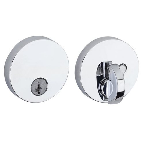 Uptown Round Contemporary Low Profile Single Cylinder SmartKey Deadbolt with 6AL Latch and STRKP Strike Pack which includes Square Corner, Round Corner and 5303 Round Corner Full Lip Strikes KA3 Bright Chrome Finish