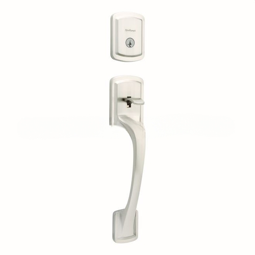 Single Cylinder Prague Exterior Handleset with SmartKey with 6AL Latch and STRKP Strike Pack which includes Square Corner; Round Corner and 5303 Round Corner Full Lip Strikes Satin Nickel Finish