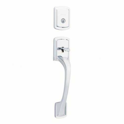 Single Cylinder Prague Exterior Handleset with SmartKey with 6AL Latch and STRKP Strike Pack which includes Square Corner; Round Corner and 5303 Round Corner Full Lip Strikes Bright Chrome Finish