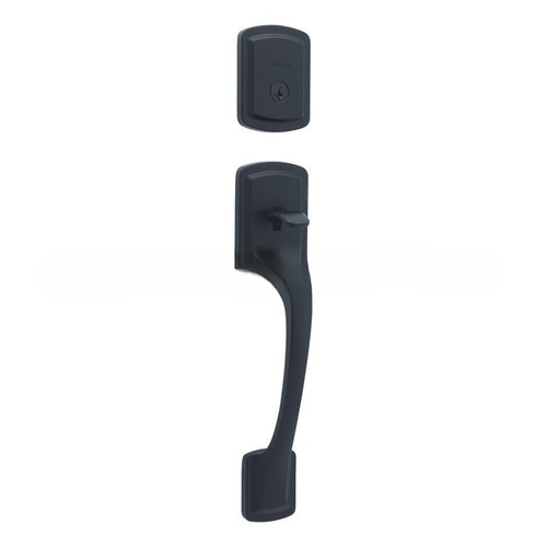 Single Cylinder Prague Exterior Handleset with SmartKey with 6AL Latch and STRKP Strike Pack which includes Square Corner; Round Corner and 5303 Round Corner Full Lip Strikes Matte Black Finish