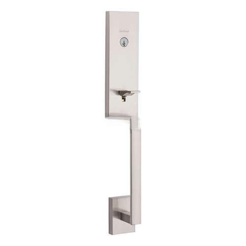 Single Cylinder Vancouver Exterior Handleset with SmartKey with 6AL Latch and STRKP Strike Pack which includes Square Corner; Round Corner and 5303 Round Corner Full Lip Strikes Satin Nickel Finish