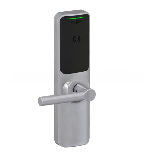 XE360 Series Wireless Exit Trim with Wide Escutcheon for Von Duprin 98/99 Rim Device, Offline Push Button Function with Smart Mobile Reader, Broadway Lever, and 6 Pin C Keyway Satin Chrome Finish