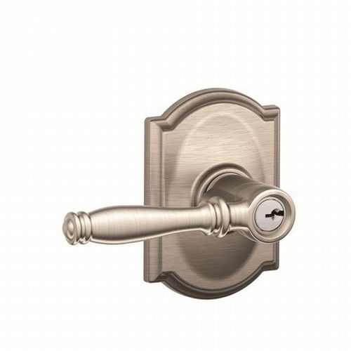 Birmingham Lever with Camelot Rose Keyed Entry Lock C Keyway with 16211 Latch and 10063 Strike Satin Nickel Finish