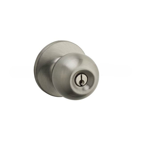 Regina Single Cylinder Keyed Entry Door Knob Set with Round Rose from the SafeLock Series Satin Nickel