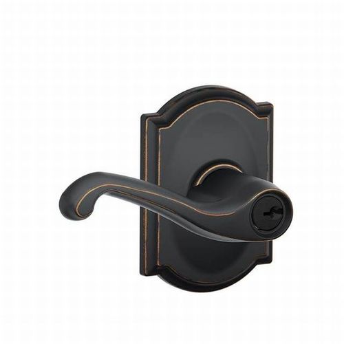 Flair Lever with Camelot Rose Keyed Entry Lock C Keyway with 16211 Latch and 10063 Strike Aged Bronze Finish