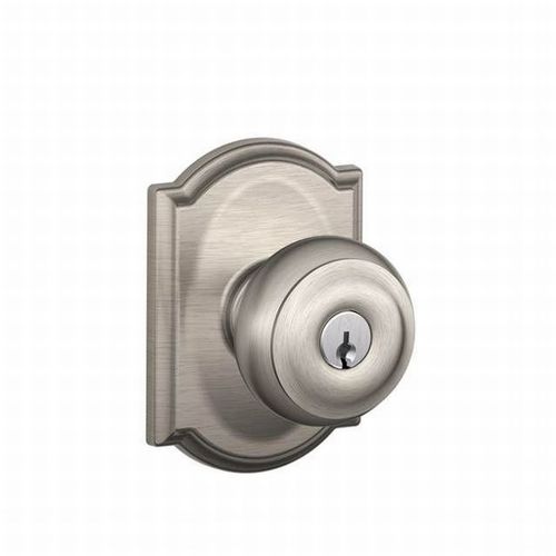 Georgian Knob with Camelot Rose Keyed Entry Lock C Keyway with 16211 Latch and 10063 Strike Satin Nickel Finish