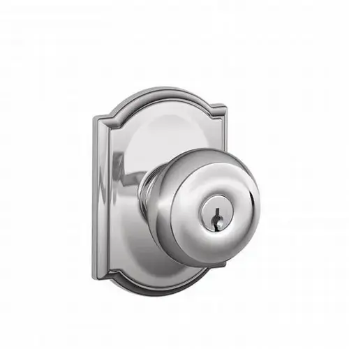 Georgian Knob with Camelot Rose Keyed Entry Lock C Keyway with 16211 Latch and 10063 Strike Bright Chrome Finish