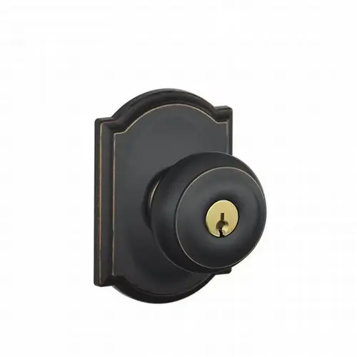 Georgian Knob with Camelot Rose Keyed Entry Lock C Keyway with 16211 Latch and 10063 Strike Aged Bronze Finish