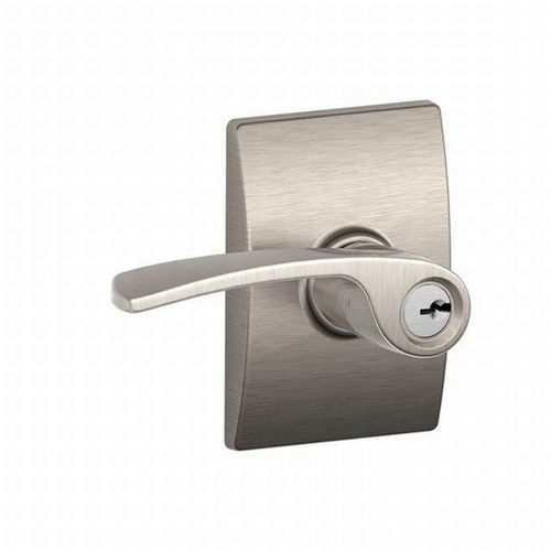 Merano Lever with Century Rose Keyed Entry Lock C Keyway with 16211 Latch and 10063 Strike Satin Nickel Finish