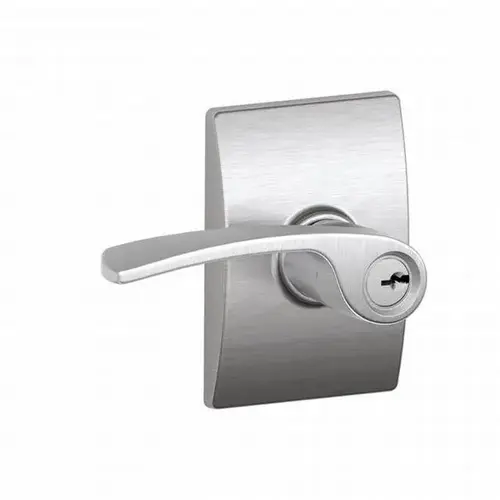 Merano Lever with Century Rose Keyed Entry Lock C Keyway with 16211 Latch and 10063 Strike Satin Chrome Finish