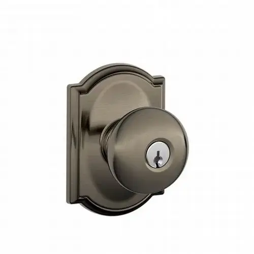 Plymouth Knob with Camelot Rose Keyed Entry Lock C Keyway with 16211 Latch and 10063 Strike Antique Nickel Finish