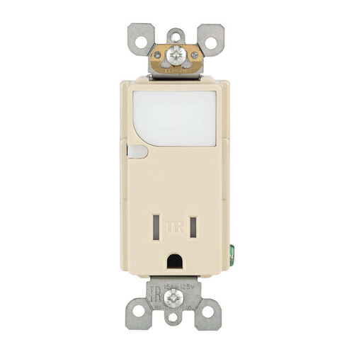 Leviton T6525-I DECORA TAMPER-RESISTANT COMBINATION RECEPTACLE WITH LED SENSOR GUIDE LIGHT, IVORY, 125 VOLTS, 15 AMPS