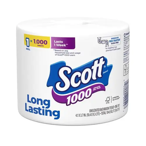 SCOTT BATH TISSUE SINGLE ROLL WHITE 1 INDIVIDUALLY WRAPPED