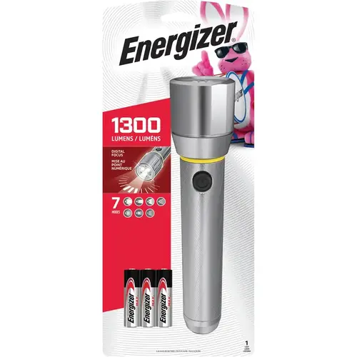Flashlight, AA Battery, LED Lamp, 1300 Lumens, 230 m High, 100 m Low Beam Distance, 4 hr Run Time Silver