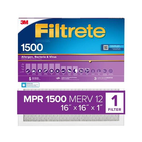 Filtrete 2016DC-4 Filtrete Allergen, Bacteria & Virus Air Filter, 1500 MPR, , 16 in x 16 in x 1 in, Pleated, MERV 12