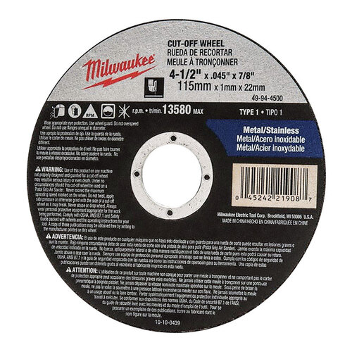 Cut-Off Wheel, 4-1/2 in Dia, 0.045 in Thick, 7/8 in Arbor