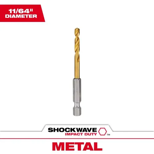 Impact Drill Bit, 11/64 in Dia, 2.91 in OAL, Twist Flute, 1/4 in Dia Shank, Hex Shank Titanium-Coated