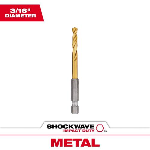 Impact Drill Bit, 3/16 in Dia, 3 in OAL, Twist Flute, 1/4 in Dia Shank, Hex Shank Titanium-Coated