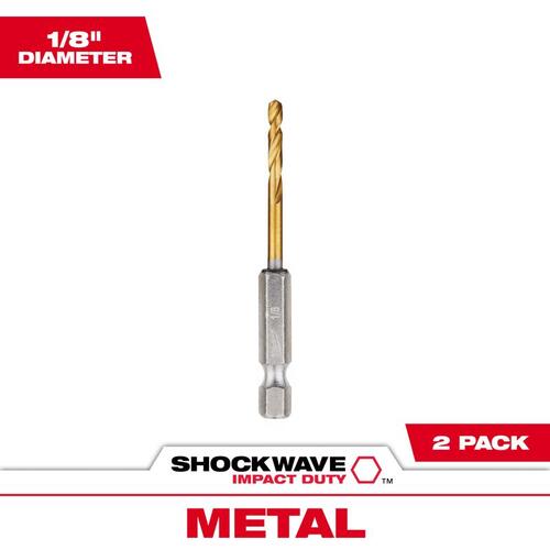 Impact Drill Bit, 1/8 in Dia, 2.62 in OAL, Twist Flute, 1/4 in Dia Shank, Hex Shank Pair Titanium-Coated