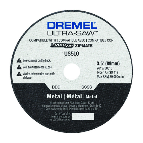 Dremel US510-01 Cutting Wheel, 3-1/2 in Dia, 0.049 in Thick, 60 Grit, Aluminum Oxide Abrasive