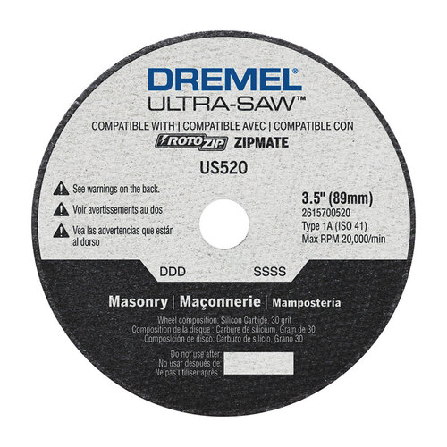 Masonry Cutting Wheel, 3-1/2 in Dia, 0.094 in Thick, 7/16 in Arbor, 30 Grit Silver